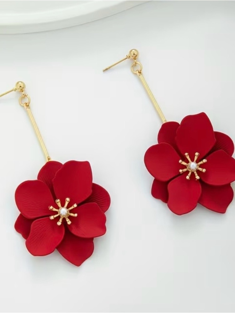 Red Floral Drop Earrings with Gold Accents - Women Jewelry